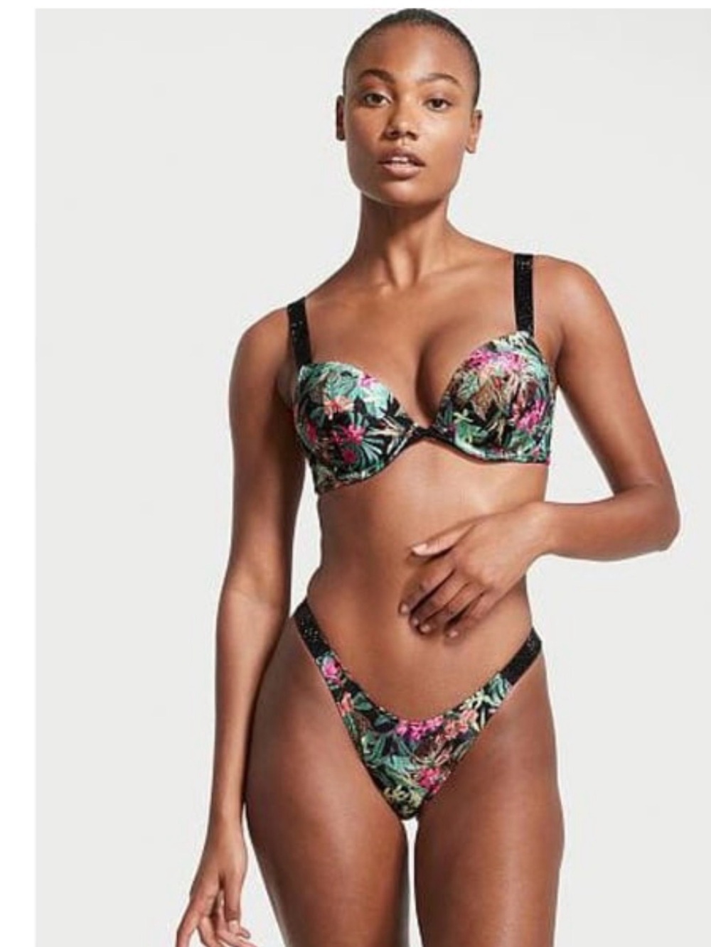 Victoria Secret Black palm shine strap bombshell push up bikini set